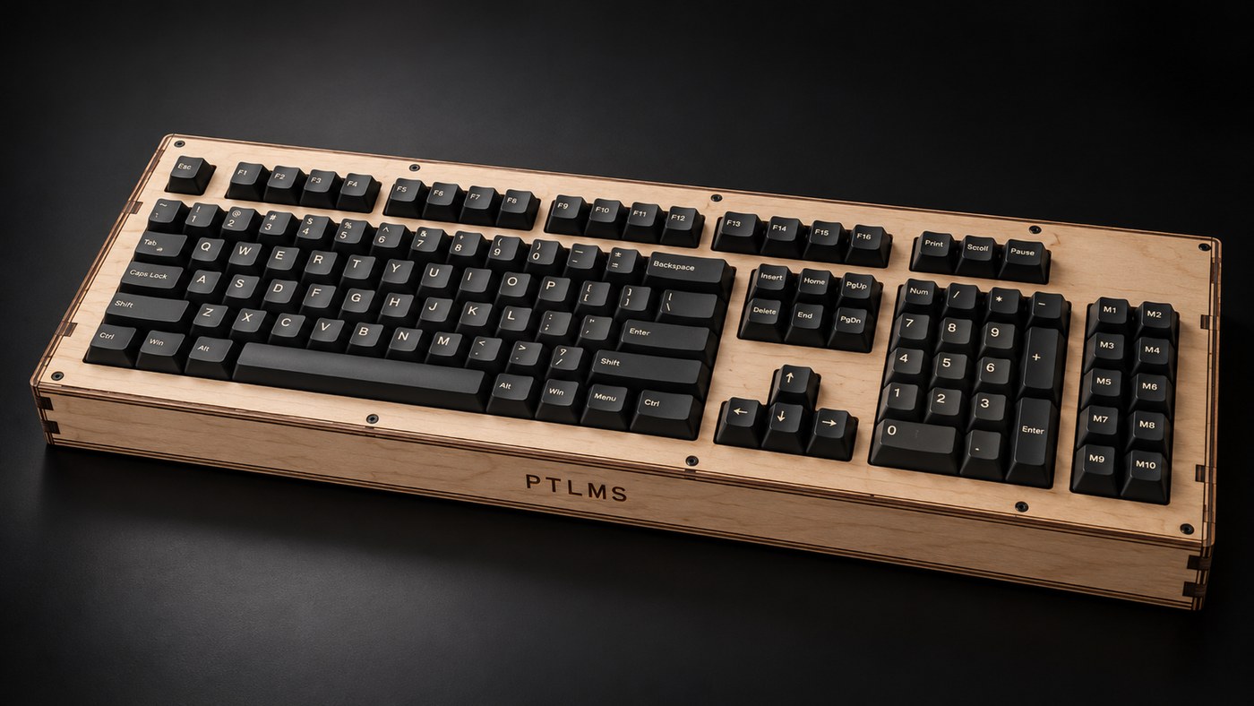 PETELMS FIN128 full-size mechanical keyboard in a wooden enclosure