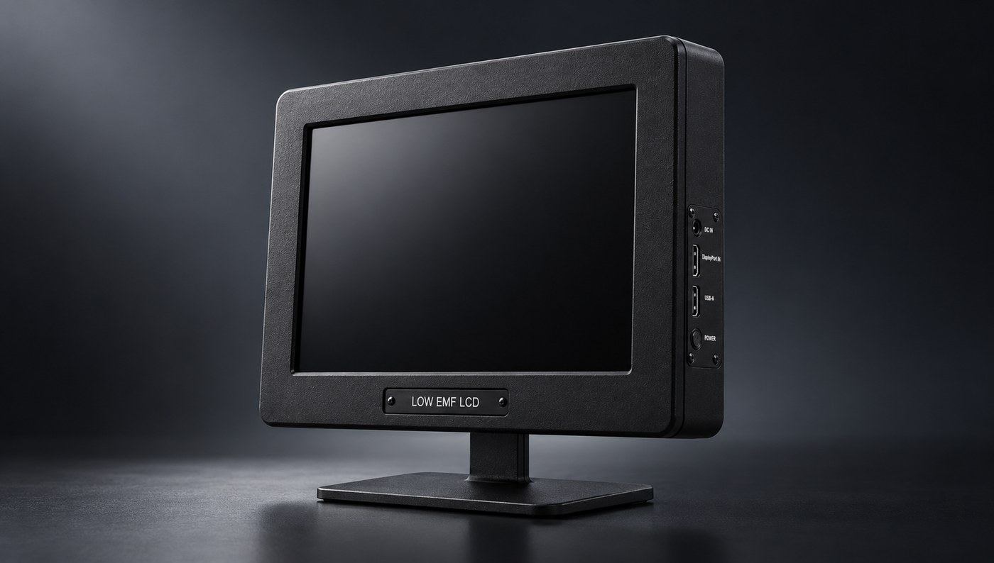 PETELMS Low EMF LCD desktop display in a black enclosure
